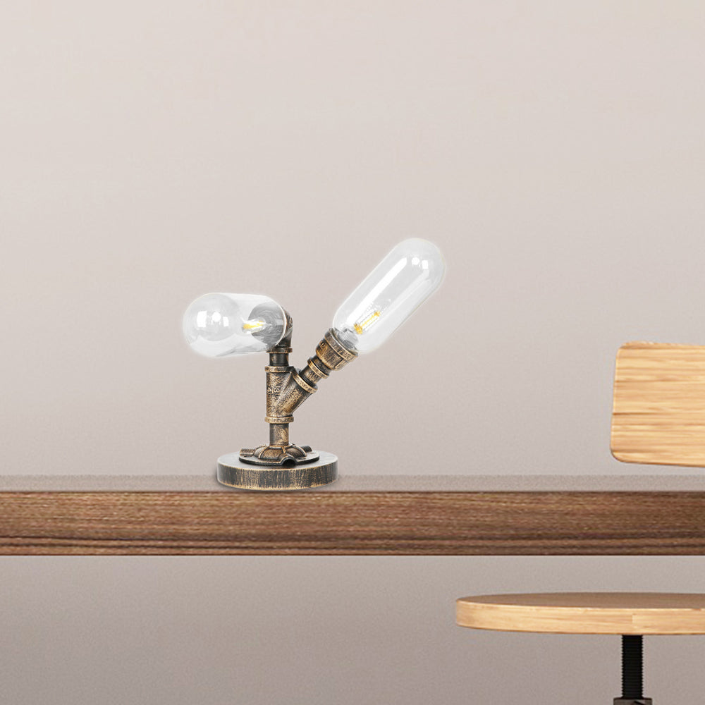 Industrial Oval Shade Desk Light 2-Bulb Clear/Bamernglas Tischlampe in gealterter Bronze für Wohnzimmer