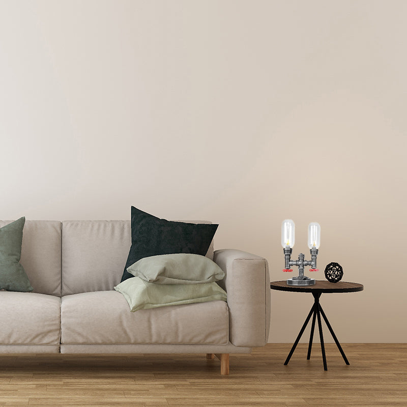 Lámpara de escritorio industrial de 2 luces con pantalla de cápsula de luz de mesa plateada antigua de vidrio transparente/ámbar para sala de estar