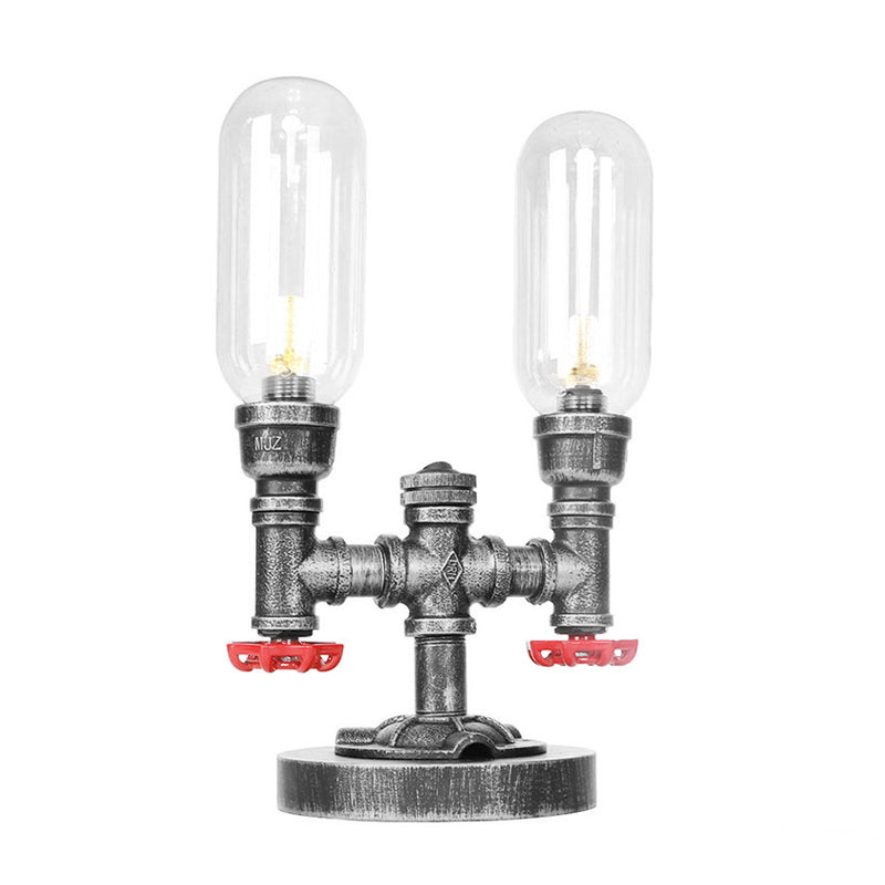 Lámpara de escritorio industrial de 2 luces con pantalla de cápsula de luz de mesa plateada antigua de vidrio transparente/ámbar para sala de estar