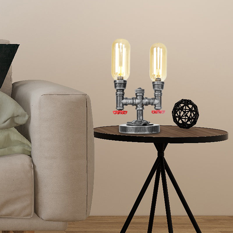 Lámpara de escritorio industrial de 2 luces con pantalla de cápsula de luz de mesa plateada antigua de vidrio transparente/ámbar para sala de estar