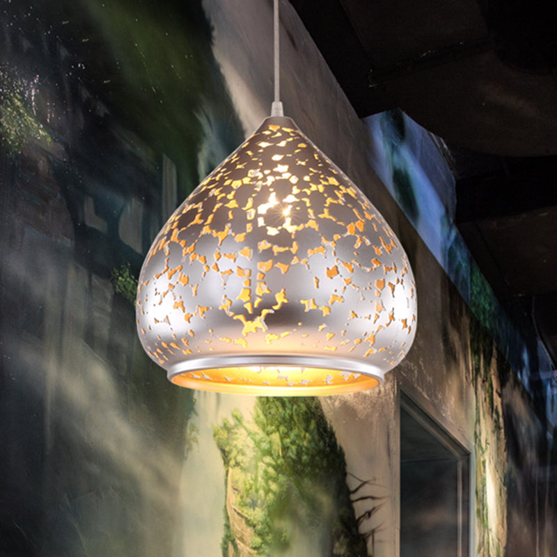 Arab Carved Pendant Light Metal 1 Bulb Suspended Lighting Fixture in Silver/Bronze/Brass for Bedroom