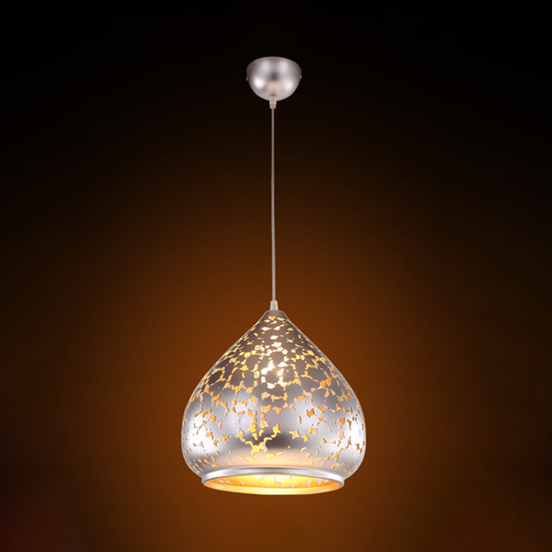 Arab Carved Pendant Light Metal 1 Bulb Suspended Lighting Fixture in Silver/Bronze/Brass for Bedroom