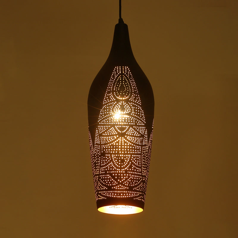 Carved Pendant Lighting Decorative Metal 1 Bulb Ceiling Suspension Lamp in Black