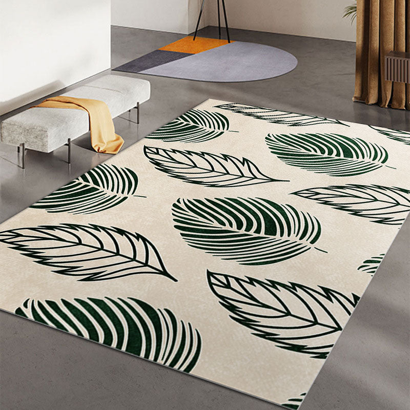 Green Living Room Area Carpet Leaf Pattern Polyester Rug Anti-Slip Backing Area Rug