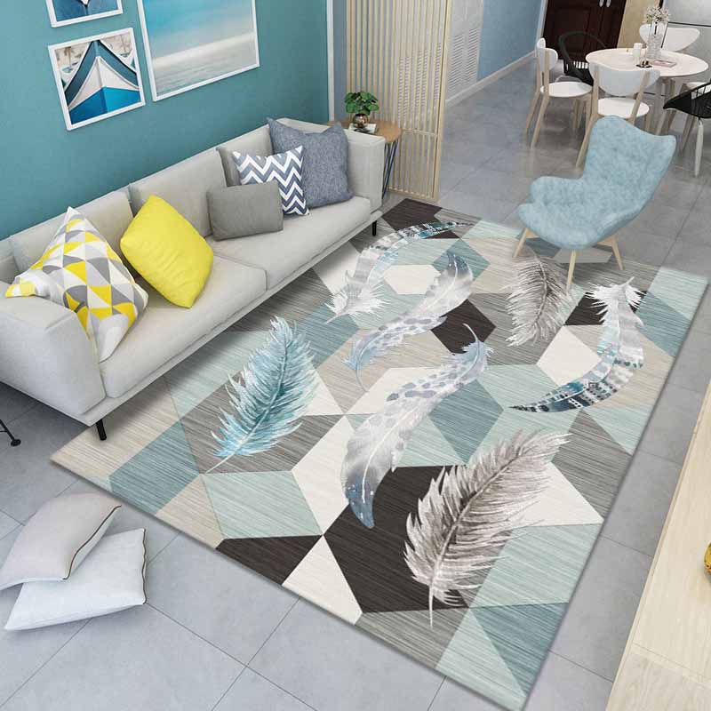 Blue Modern Area Carpet Feather Pattern Polyester Area Rug Non-Slip Backing Rug for Living Room
