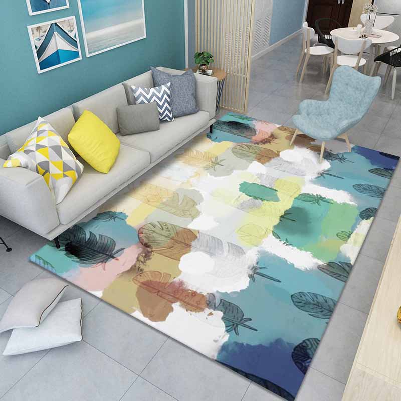 Blue Modern Area Carpet Feather Pattern Polyester Area Rug Non-Slip Backing Rug for Living Room