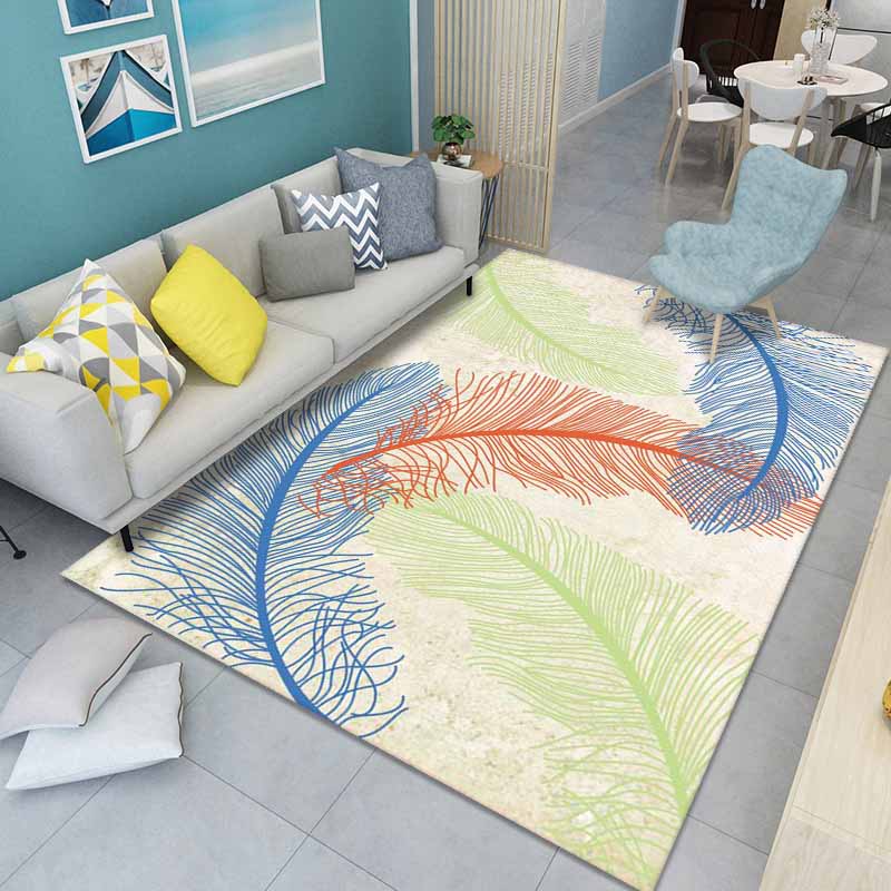 Grey Modern Carpet Feather Print Polyester Area Rug Anti-Slip Washable Rug for Living Room