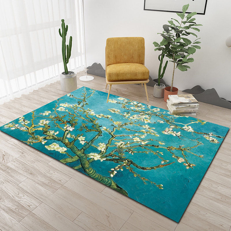 Green Modern Area Carpet Plant Pattern Polyester Area Rug Anti-Slip Backing Rug for Home Decor
