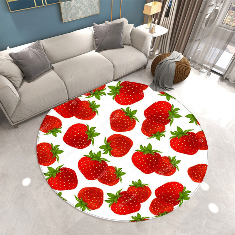 Round Strawberry Pattern Carpet Polyester Natural Rug Stain Resistant Area Carpet for Living Room