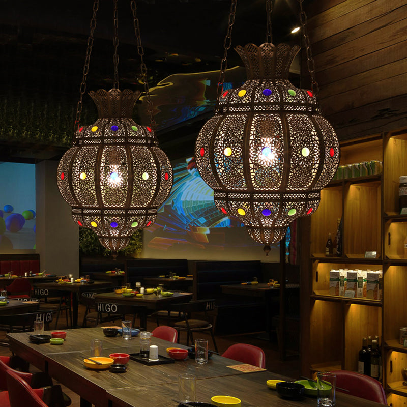 1 Head Carved Pendant Light Antique Bronze Metal Suspended Lighting Fixture for Restaurant