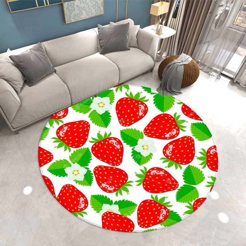 Round Strawberry Print Carpet Polyester Natural Rug Stain Resistant Area Carpet for Home Decoration