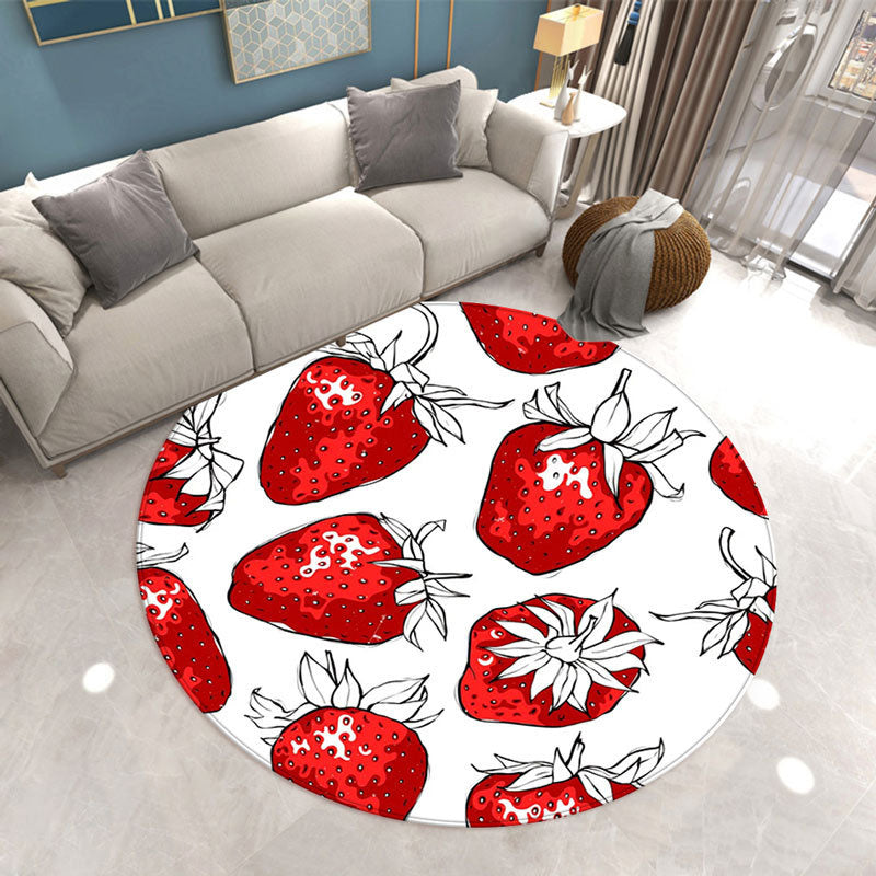 Round Strawberry Print Carpet Polyester Natural Rug Stain Resistant Area Carpet for Home Decoration