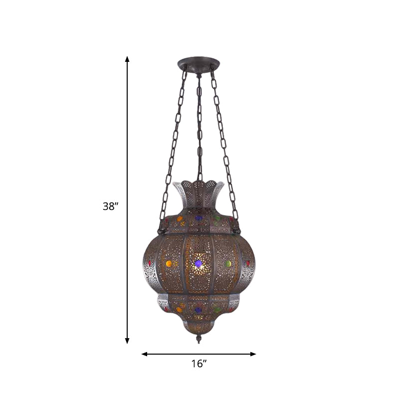 1 Head Carved Pendant Light Antique Bronze Metal Suspended Lighting Fixture for Restaurant