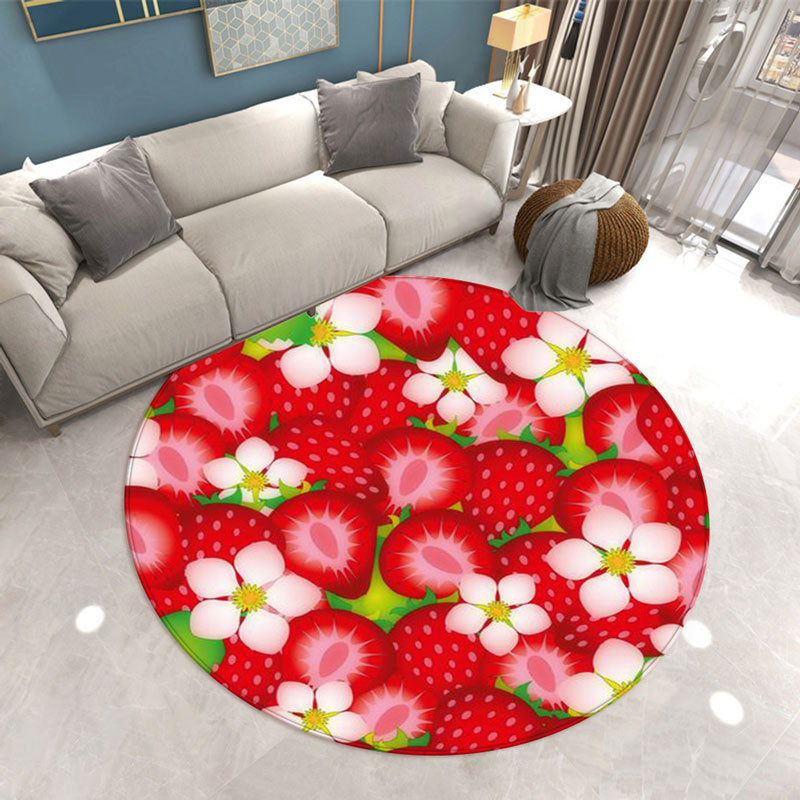 Round Strawberry Print Carpet Polyester Modern Rug Stain Resistant Indoor Carpet for Home Decoration