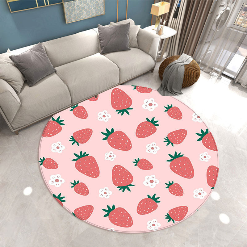 Round Strawberry Print Carpet Polyester Modern Rug Stain Resistant Indoor Carpet for Home Decoration