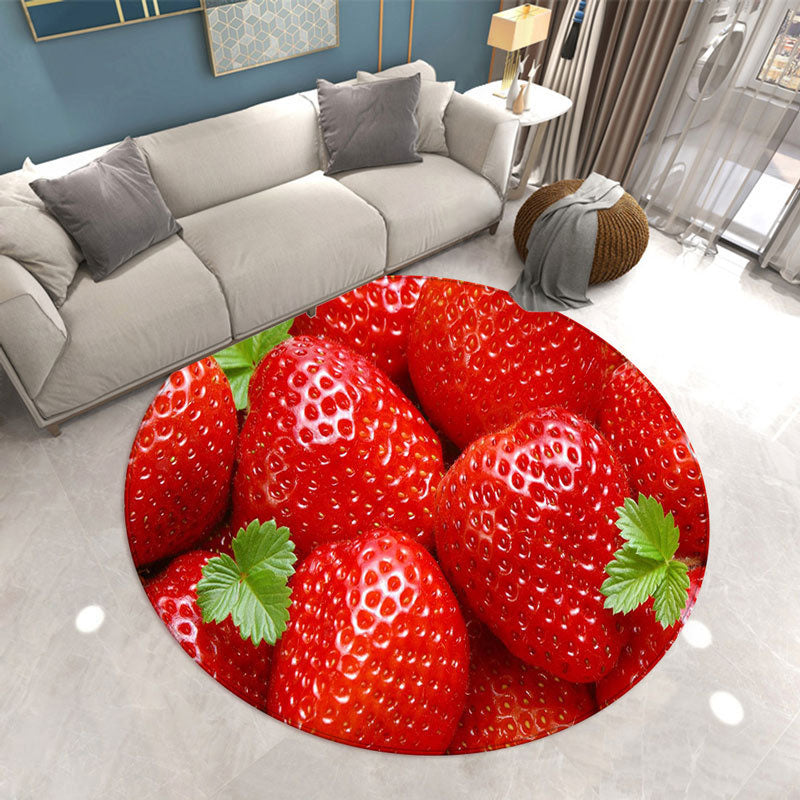 Round Strawberry Print Carpet Polyester Modern Rug Stain Resistant Indoor Carpet for Home Decoration
