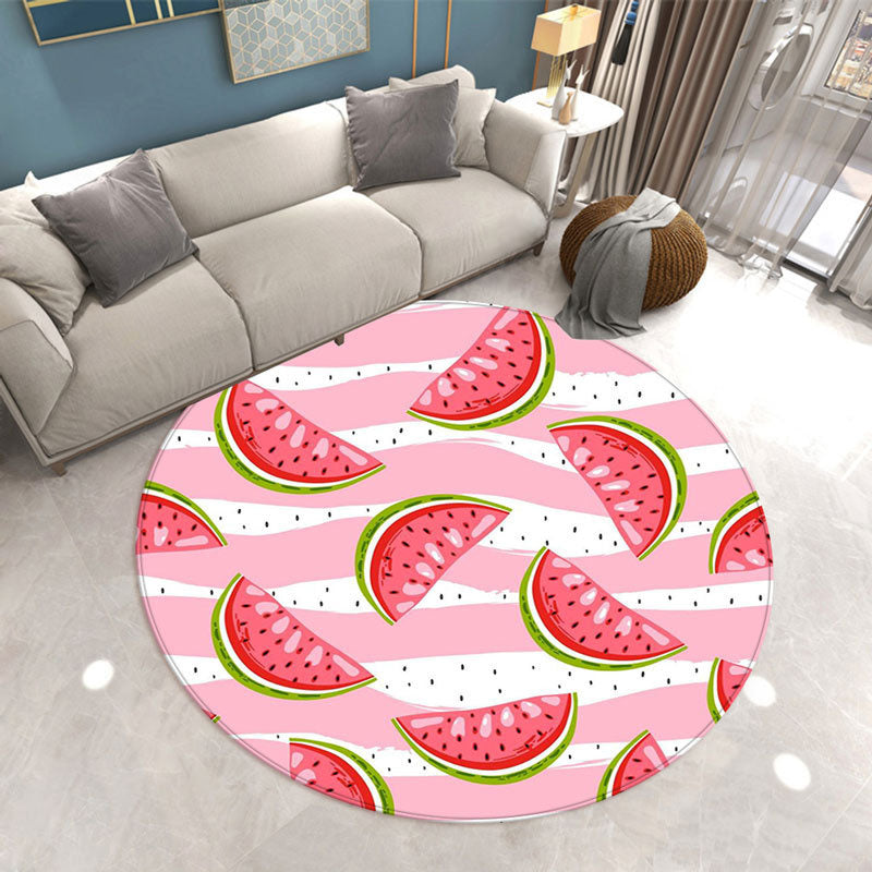 Round Strawberry Print Carpet Polyester Modern Rug Stain Resistant Indoor Carpet for Home Decoration