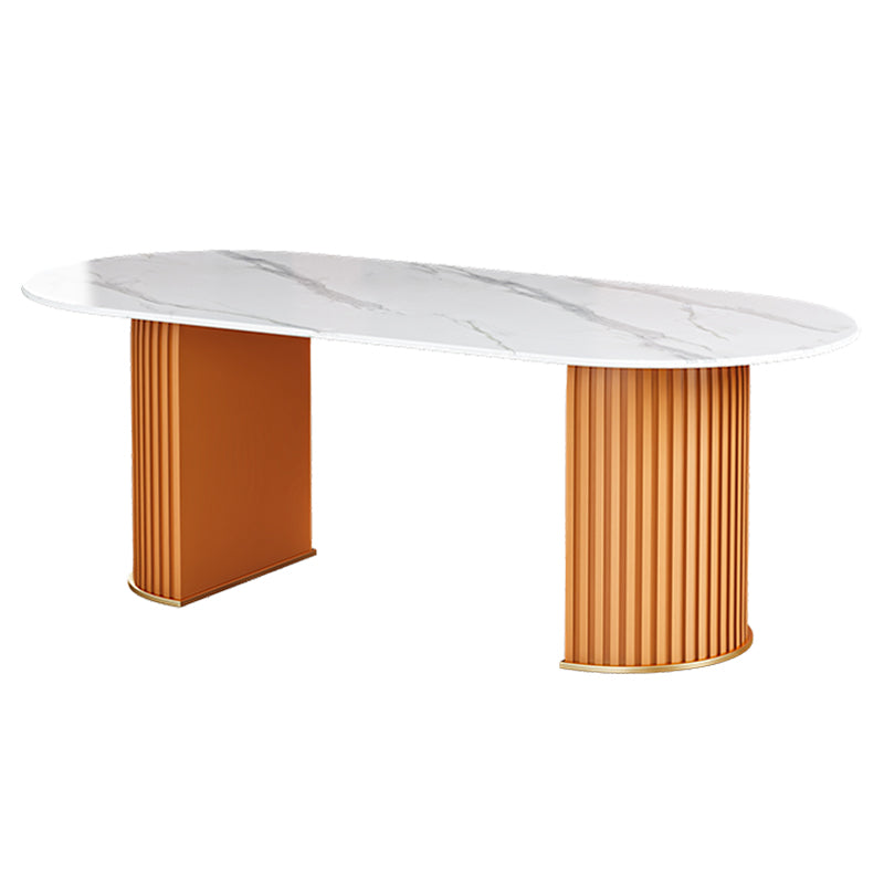Glam Sintered Stone Top Kitchen Dining Table Oval Standard Dining Table with Double Pedestal Bases