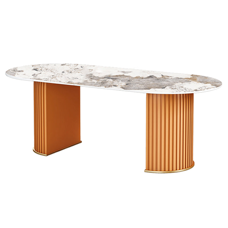 Glam Sintered Stone Top Kitchen Dining Table Oval Standard Dining Table with Double Pedestal Bases