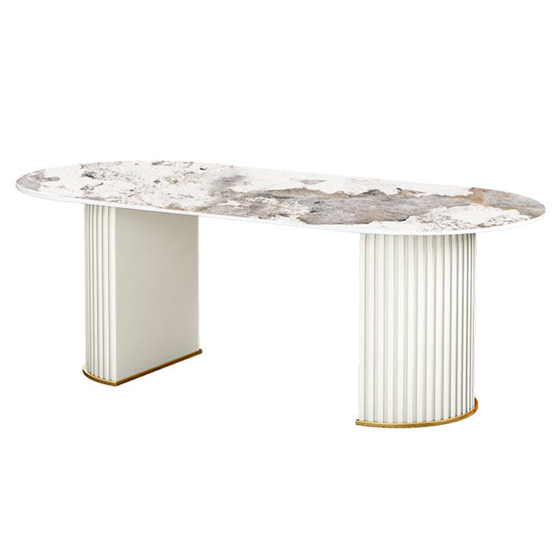 Glam Sintered Stone Top Kitchen Dining Table Oval Standard Dining Table with Double Pedestal Bases