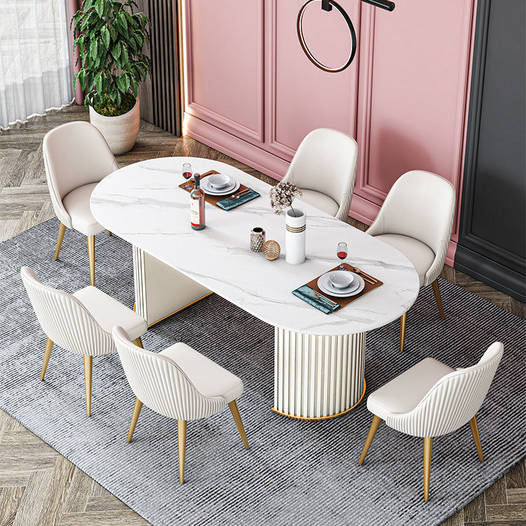 Glam Sintered Stone Top Kitchen Dining Table Oval Standard Dining Table with Double Pedestal Bases