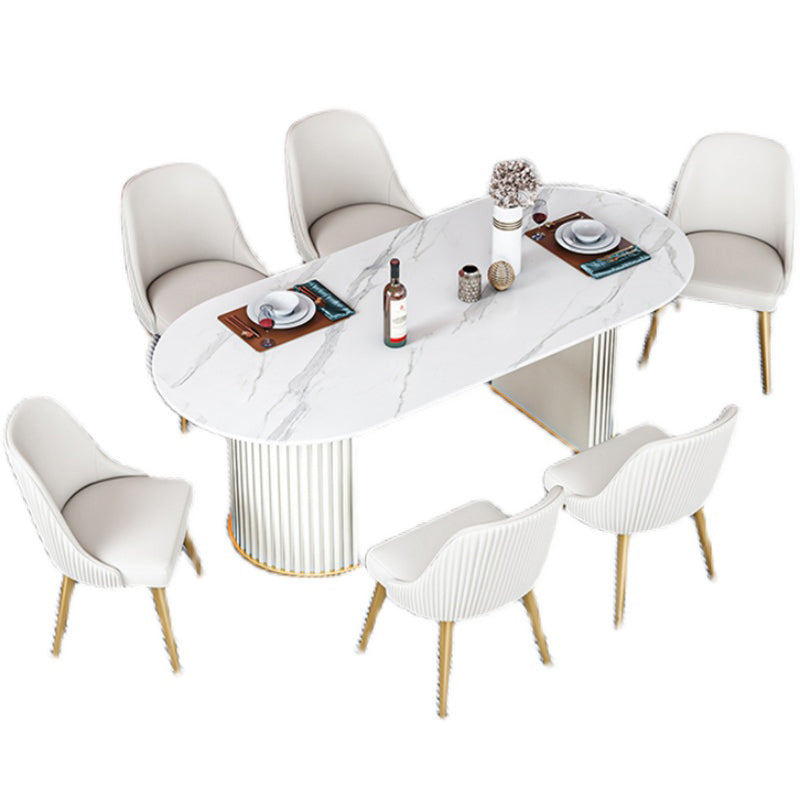 Glam Sintered Stone Top Kitchen Dining Table Oval Standard Dining Table with Double Pedestal Bases