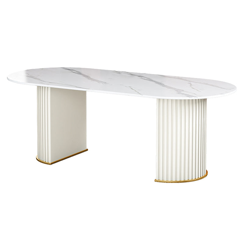 Glam Sintered Stone Top Kitchen Dining Table Oval Standard Dining Table with Double Pedestal Bases