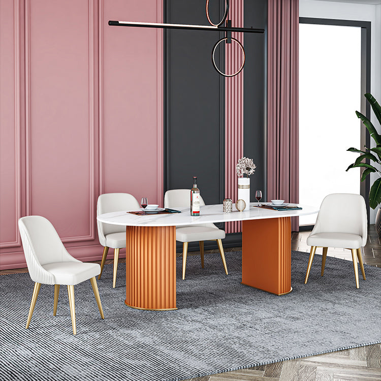 Glam Sintered Stone Top Kitchen Dining Table Oval Standard Dining Table with Double Pedestal Bases