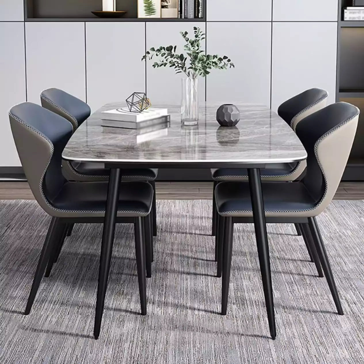 Contemporary Rectangle Dining Table Grey Sintered Stone Dining Table with 4 Black Legs