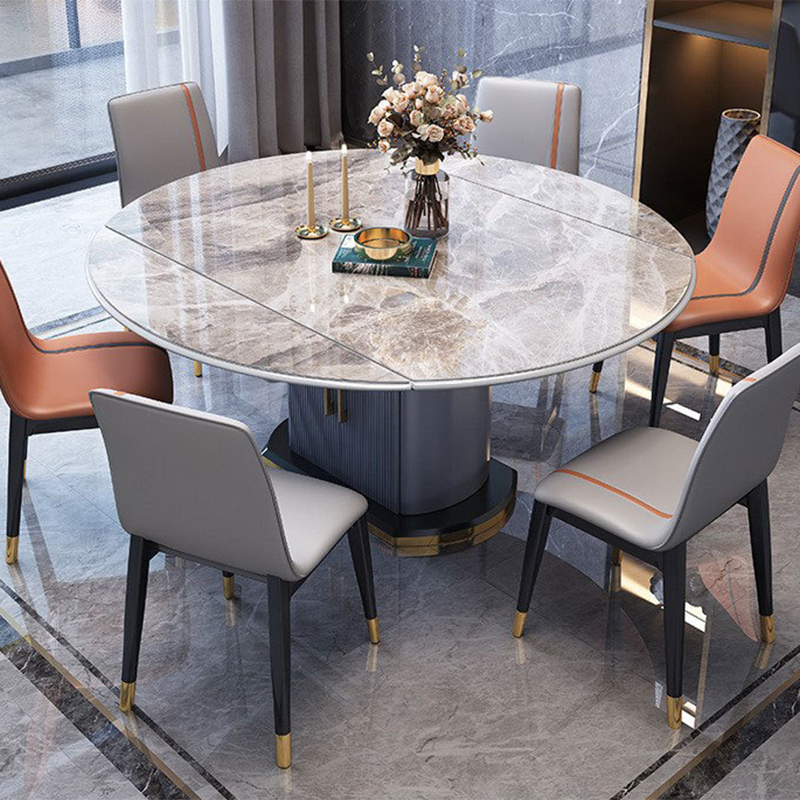 Extendable Round Dining Table Modern Adjustable Sintered Stone Top Table with Storage Pedestal