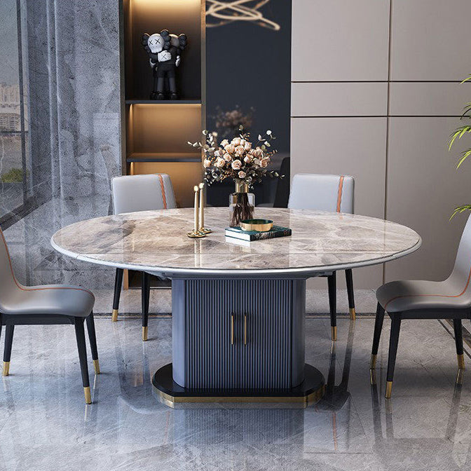 Extendable Round Dining Table Modern Adjustable Sintered Stone Top Table with Storage Pedestal