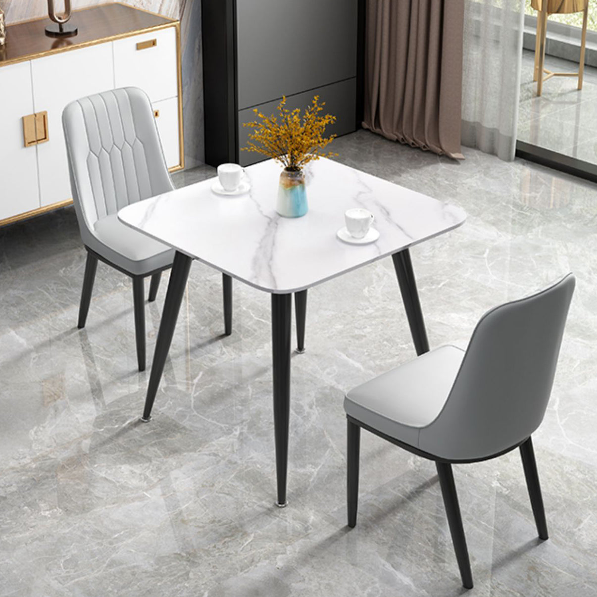Square Sintered Stone White Dining Table Industrial 4 Legs Table for Dining Room