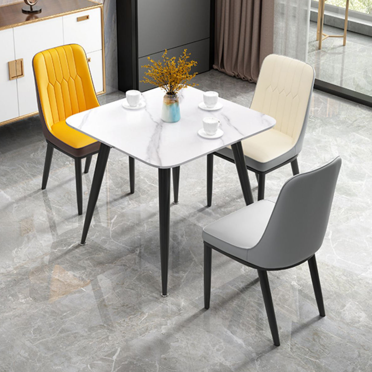Square Sintered Stone White Dining Table Industrial 4 Legs Table for Dining Room