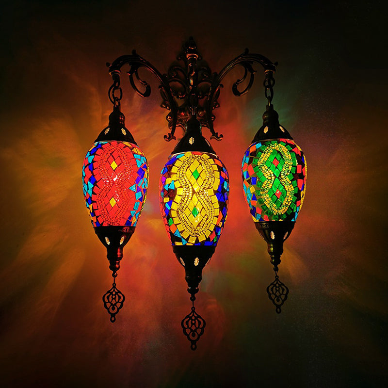 Stained Glass Yellow/Orange/Blue Wall Mount Light Oval 3 Lights Vintage Sconce Light Fixture