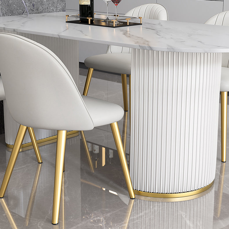 Mesa de forma de comedor de piedra sinterizada de estilo contemporáneo con base de doble pedestal