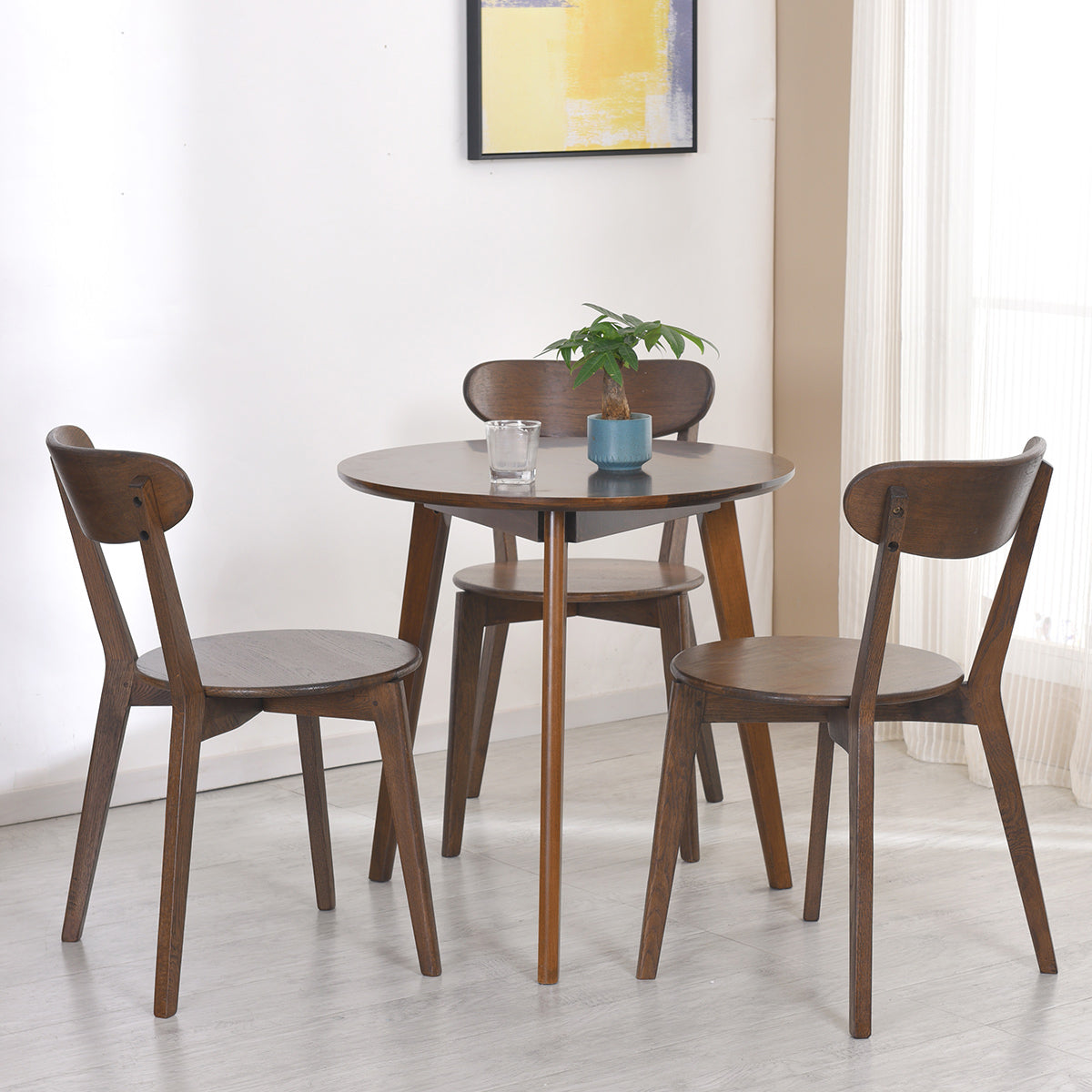 Round Minimalist Dining Table Wood Color Fixed Table with Beech Solid Wood