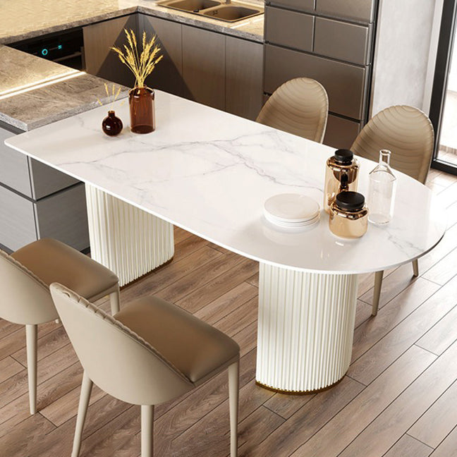 Tavolo da pranzo in pietra sinterizzato in stile semplice in stile tavolo a forma libera con doppia base di piedistallo