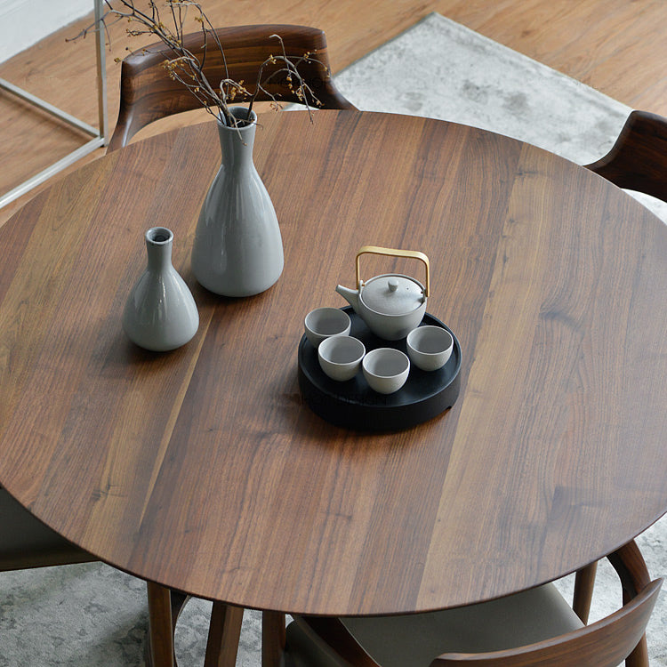 Round Shape Double Pedestal Modern Dining Table Wood Color Fixed Table with Solid Wood