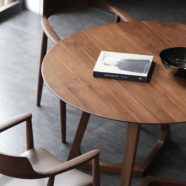 Round Shape Double Pedestal Modern Dining Table Wood Color Fixed Table with Solid Wood