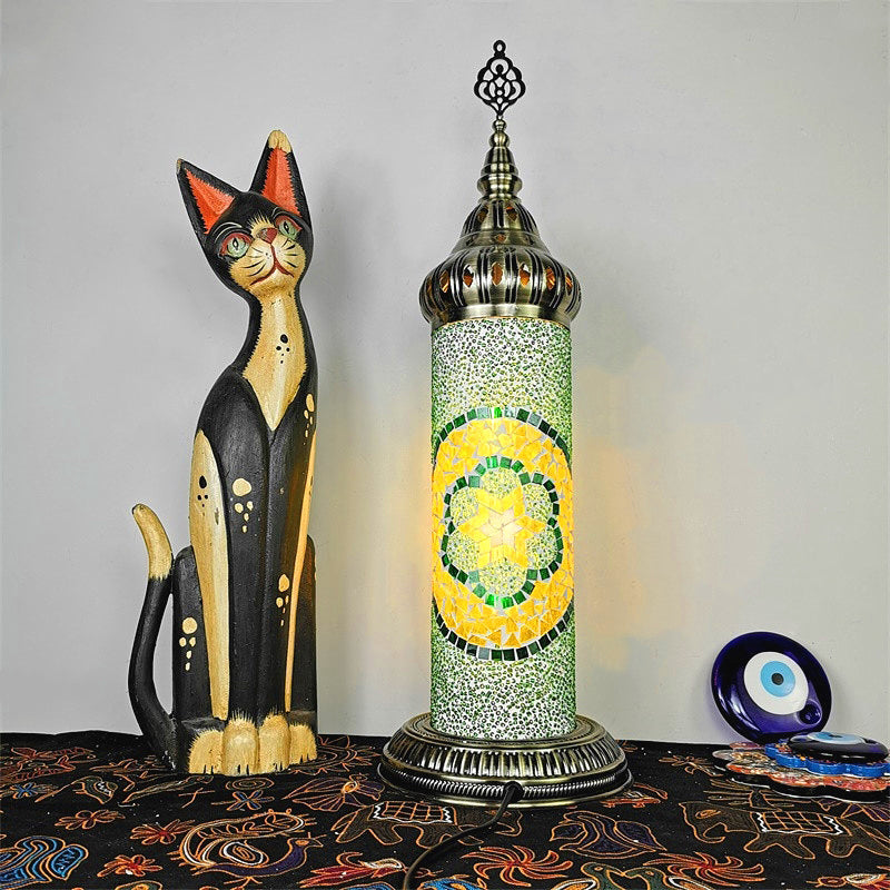 Lámpara de mesa de dormitorio de cilindro Vidroma manchado tradicional Amarillo/azul/LED de LED verde luz