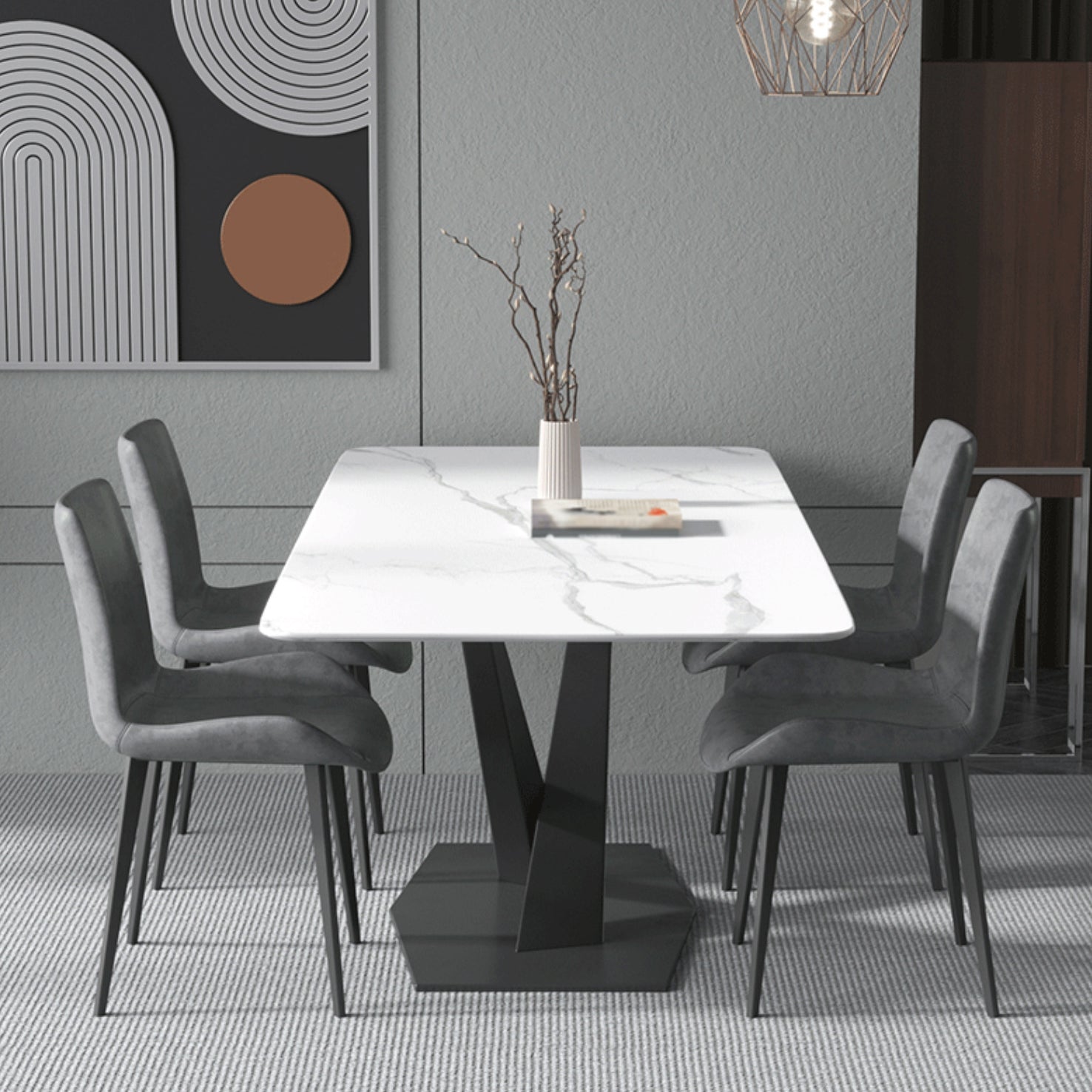 Contemporary Rectangle Dining Room Table Sintered Stone Table with Pedestal Base