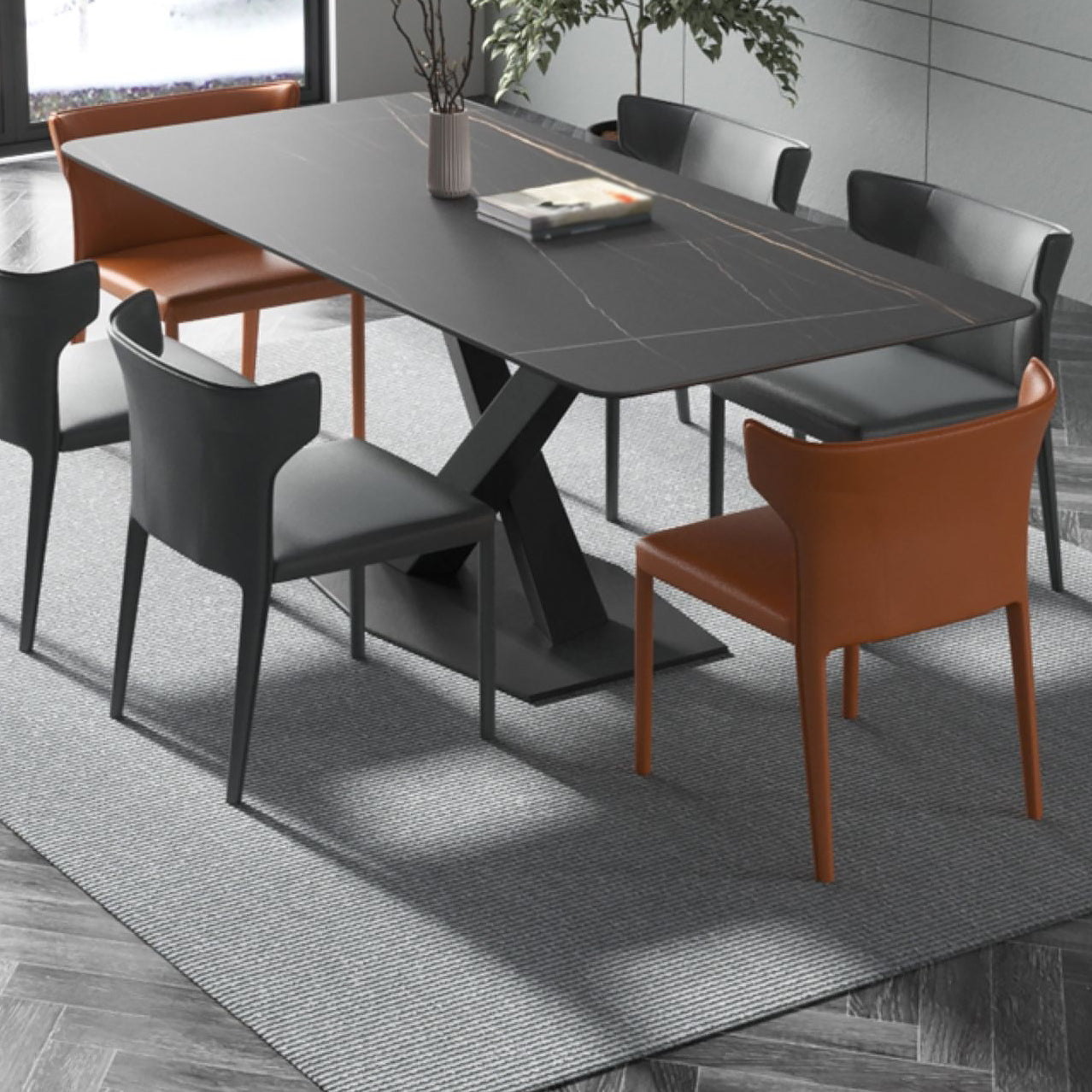 Contemporary Rectangle Dining Room Table Sintered Stone Table with Pedestal Base