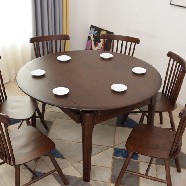 Extendable Rubber Wood Round Table Modern Adjustable Wood Table with 4 Legs