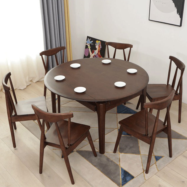 Extendable Rubber Wood Round Table Modern Adjustable Wood Table with 4 Legs