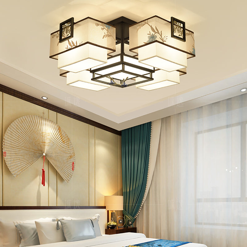 3/5/7 Heads Flush Lamp Chinese Style Fabric Flush Ceiling Light for Living Room Dinning Room