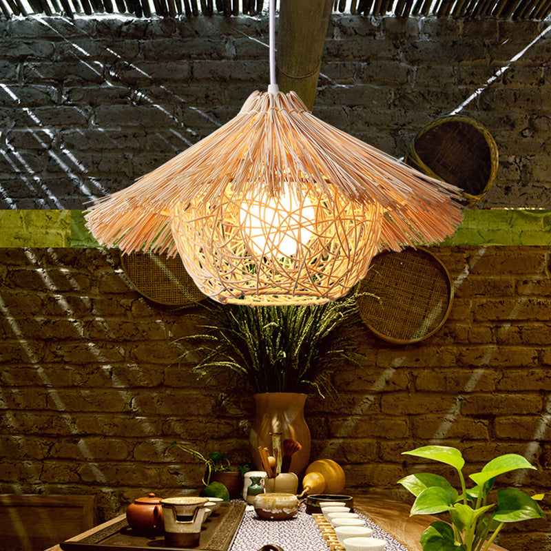 Beige Nest Suspension Pendant Light Asia-Style Rattan Pendant Light Fixture for Restaurant