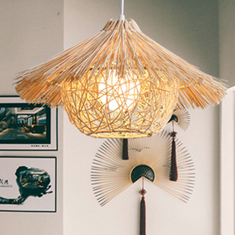 Beige Nest Suspension Pendant Light Asia-Style Rattan Pendant Light Fixture for Restaurant