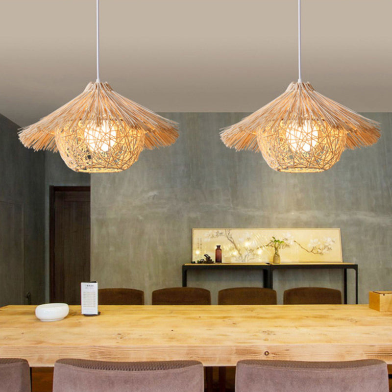 Beige Nest Suspension Pendant Light Asia-Style Rattan Pendant Light Fixture for Restaurant