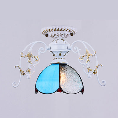 Plafonnier pétale traditionnel avec abat-jour en verre teinté, 1 diamant bleu clair/semi-encastré givré en noir/blanc