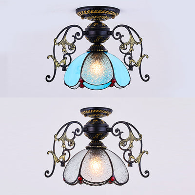 Plafonnier pétale traditionnel avec abat-jour en verre teinté, 1 diamant bleu clair/semi-encastré givré en noir/blanc